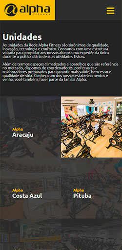 Página de unidade do site Alpha Fitness - Versão celular